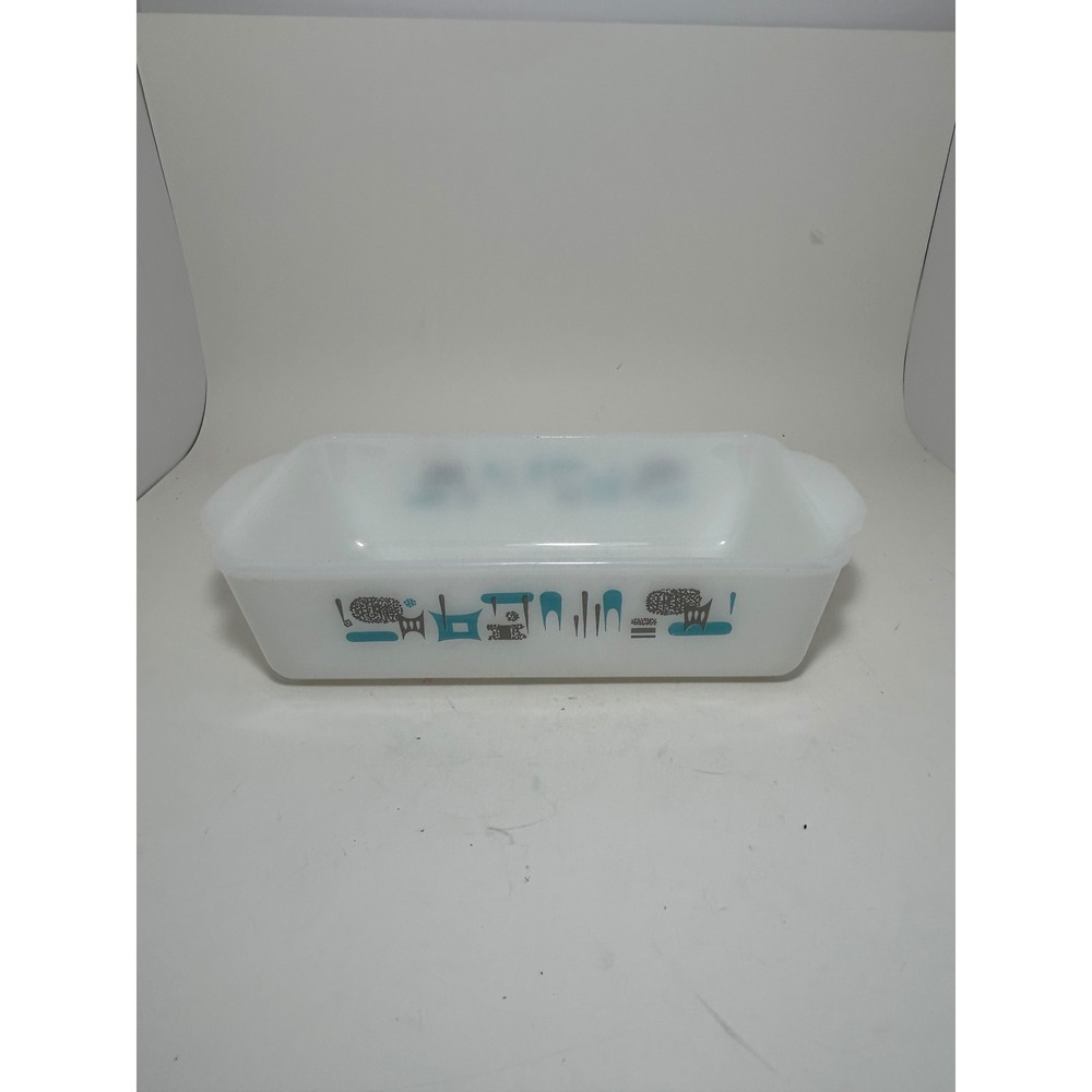 Vintage Anchor Hocking Atomic Eyes Loaf Pan Turquois Milk Glass MCM Bakeware 507